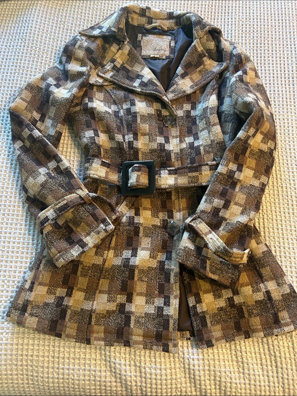 Daytrip Plaid Wool-Blend Belted Trench in Brown and Cream